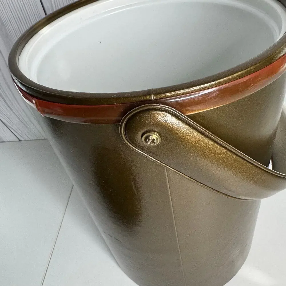 VTG MCM Ice Bucket W/ Lid Georges Briard Brown Faux Leather Brass Retro 12 x 8